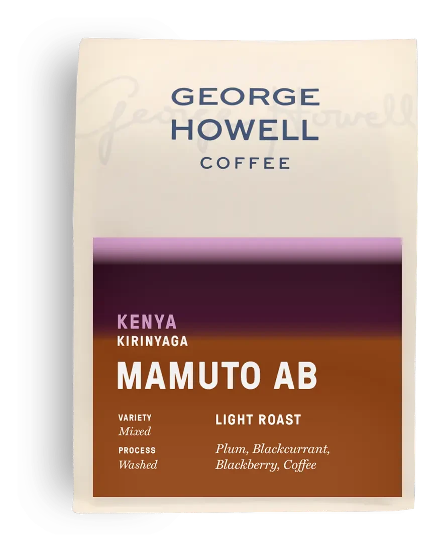 The George Howell Coffee bag for Mamuto AB: Kenya, Kirinyaga, light roast, washed, with notes of plum, blackcurrant and blackberry.