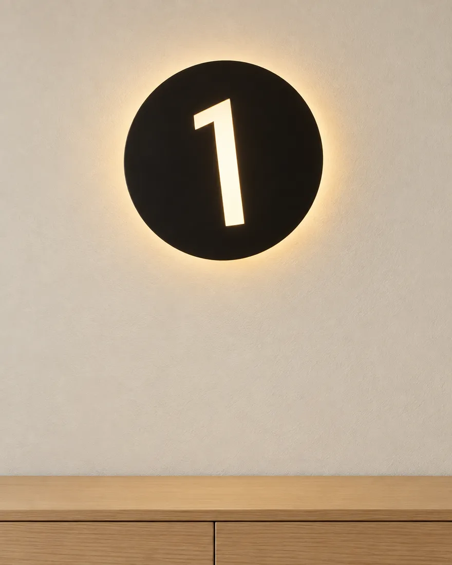 A black disc on a pale wall at dusk, light coming only through the 1 cut in it, and a thin halo round its edge.
