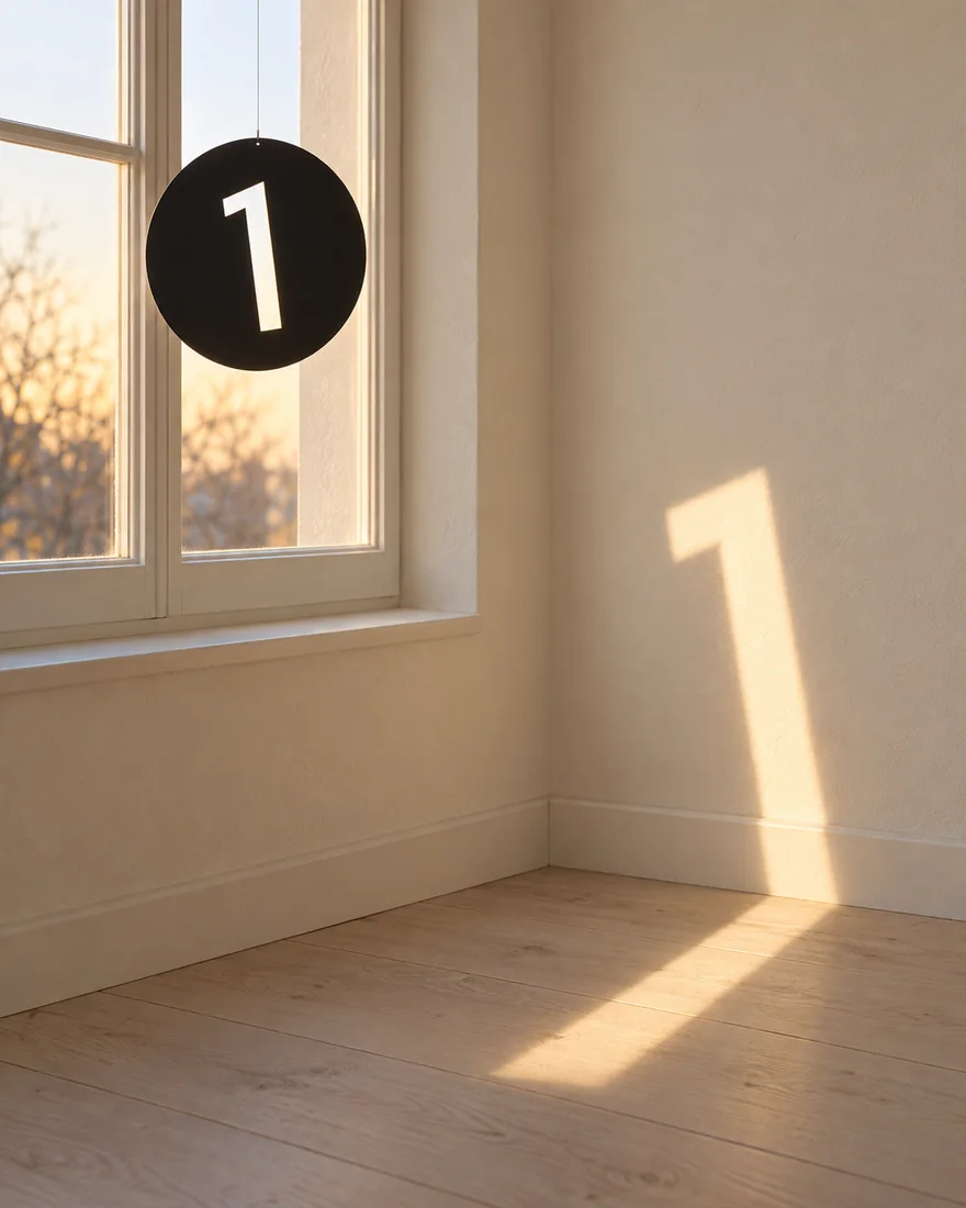 A black steel disc with the leaning 1 cut through it hangs in a sunny window and throws a bright 1 of sunlight onto the wall and floor.