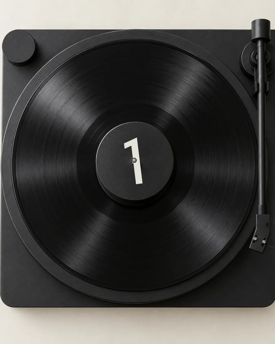 From above: a record on a black turntable, a heavy record weight on the spindle whose face is the disc, the spindle tip showing through the 1.