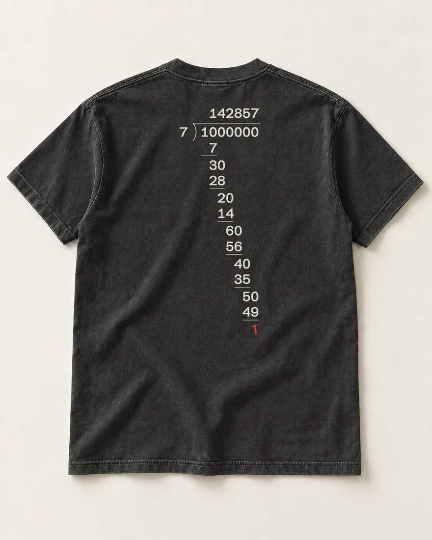 The back of a washed black tee: 7 into 1000000 worked as long division down the spine, quotient 142857, the last remainder a vermilion 1.