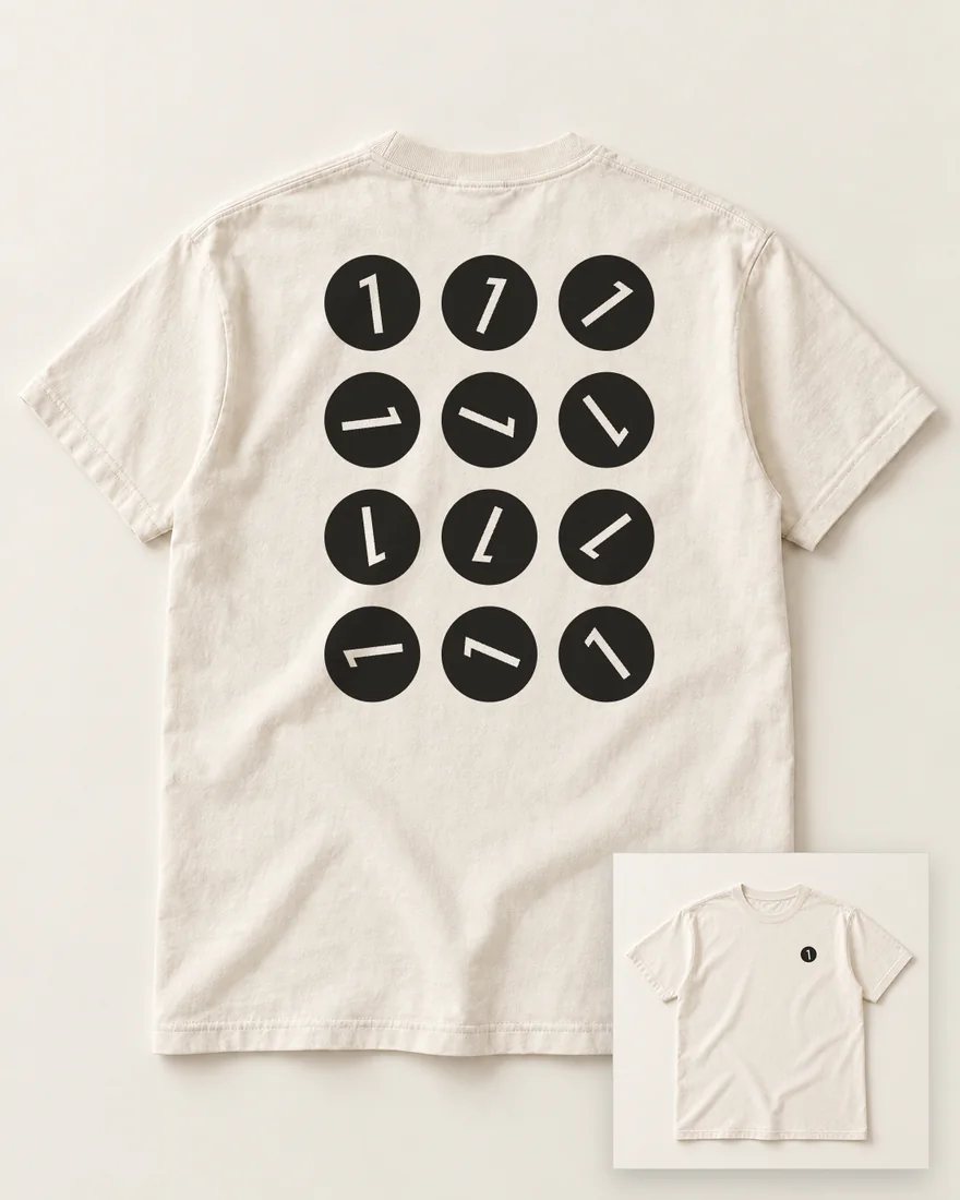 The back of an ecru tee: twelve black discs in a grid, the 1 in each turned a further thirty degrees. Inset, the front: a small disc on the chest.